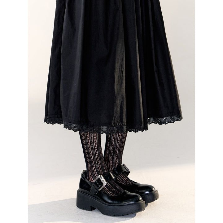 AsGony Lace Patchwork Drawstring Long Skirt Black