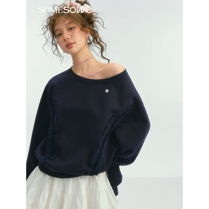 SomeSowe Lace Edge Boat Neck Casual Sweatshirt Navy Blue