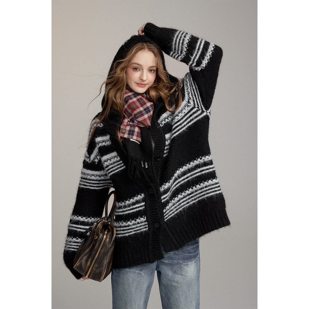 Via Pitti Striped Hooded Woolen Thicken Cardigan Black