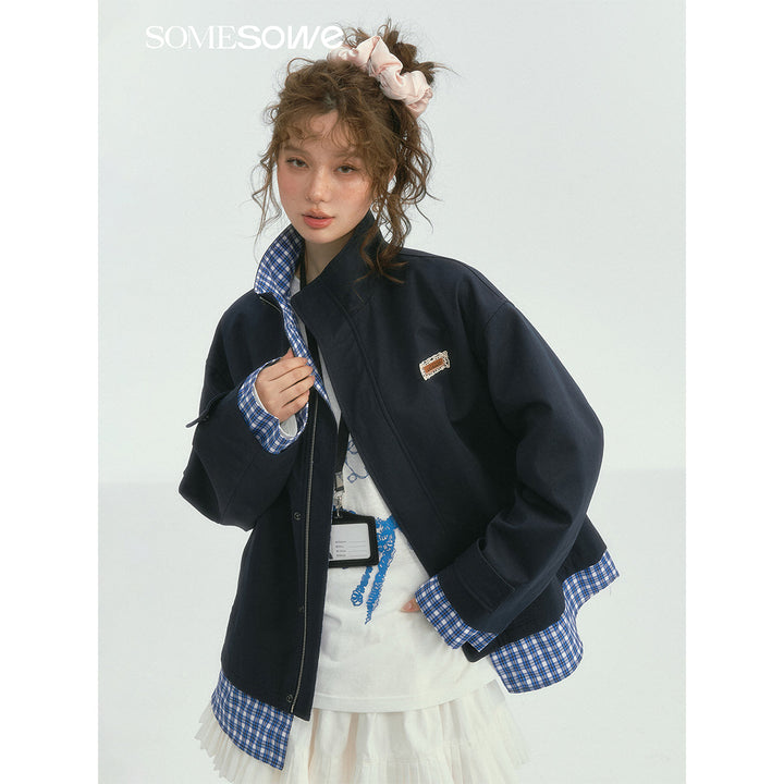 SomeSowe Plaid Patchwork Stand Collar Jacket Navy Blue