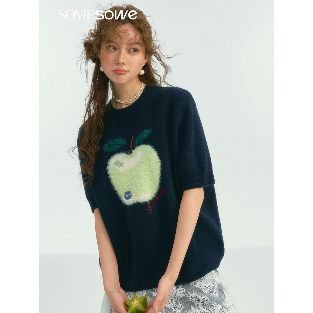 SomeSowe Green Apple Short Sleeve Knit Sweater Navy Blue