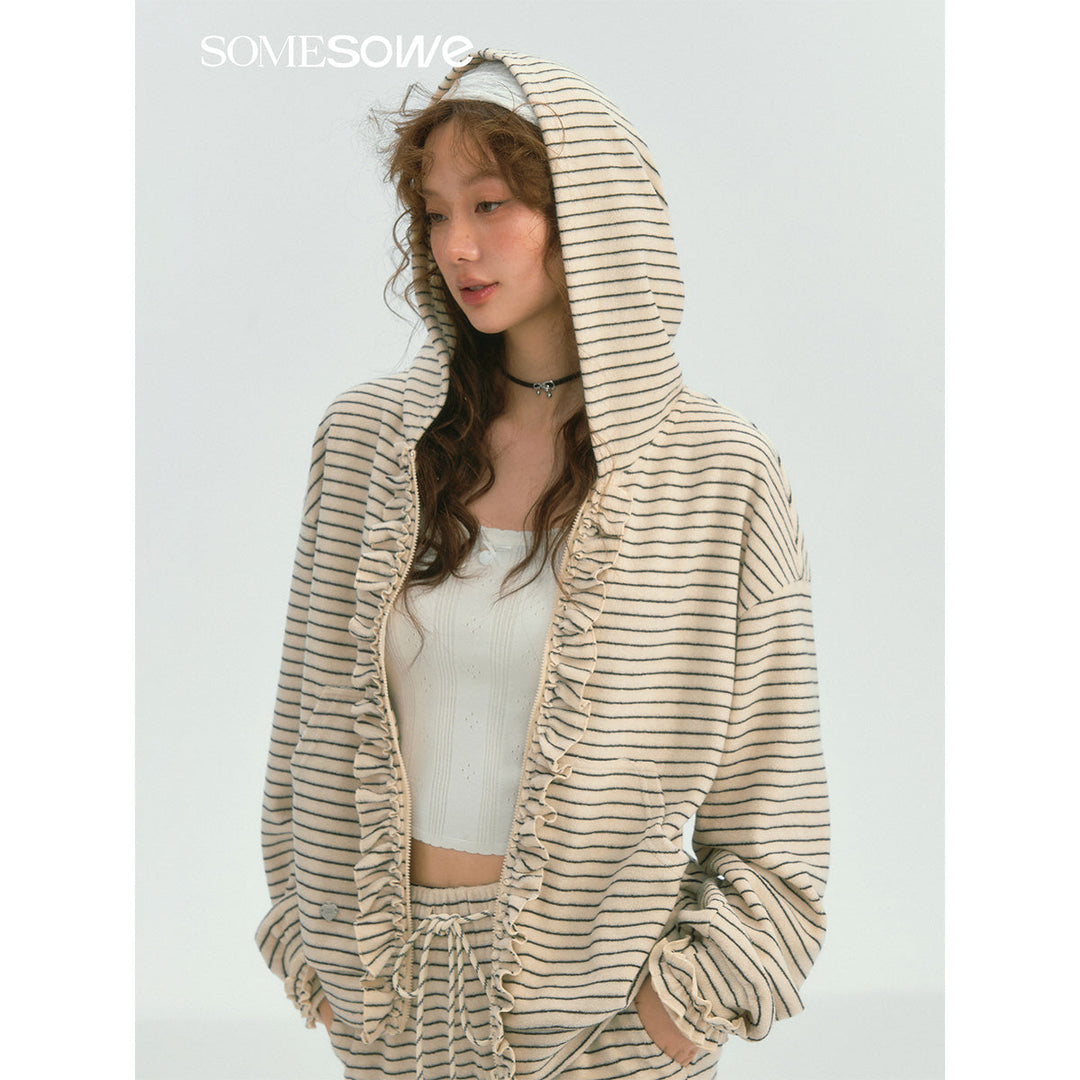 SomeSowe Soft Striped Ruffled Zip Up Hoodie White