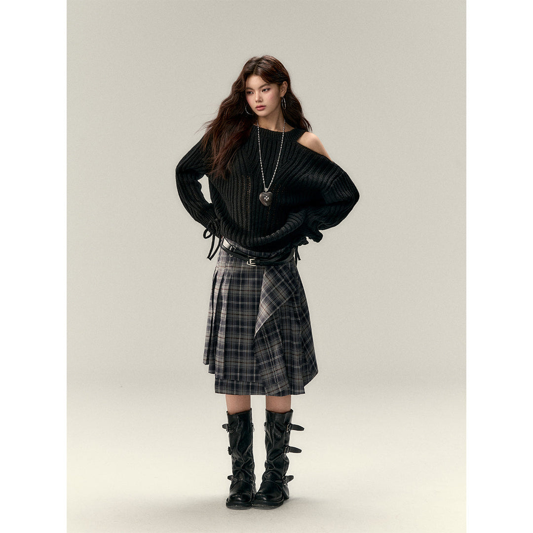 Via Pitti Irregular Plaid Loose Skirt Gray