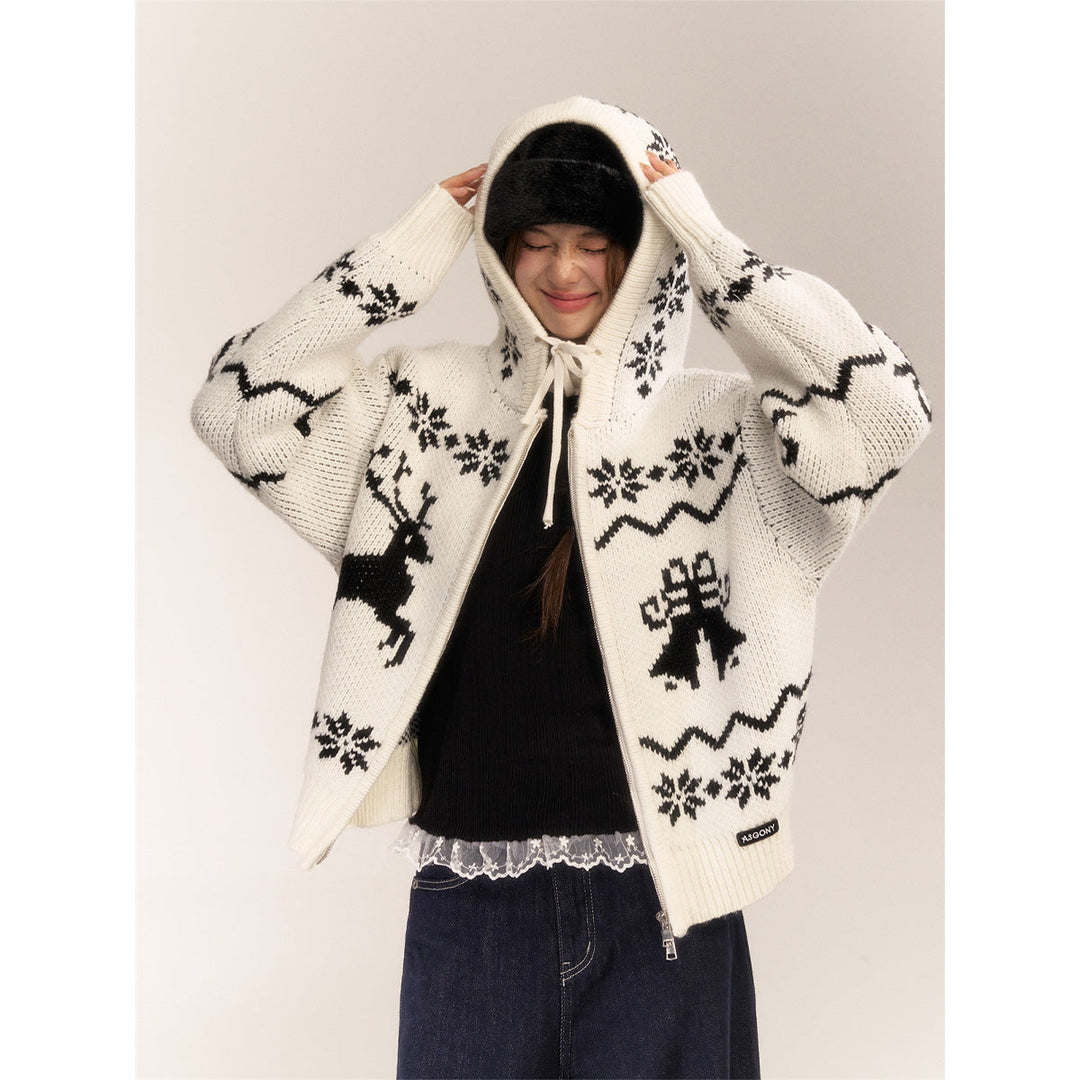 AsGony Fair Isle Moose Jacquard Retro Hooded Knit Cardigan White