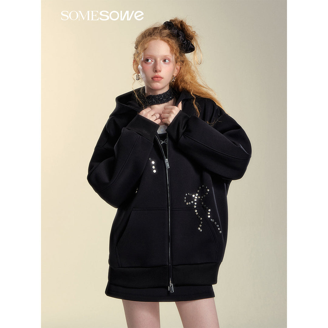 SomeSowe Bow Rivet Hooded Casual Jacket Black