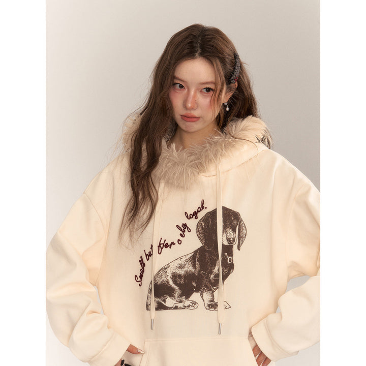 AsGony Puppy Printed Fur Collar Fleece-Lined Hoodie