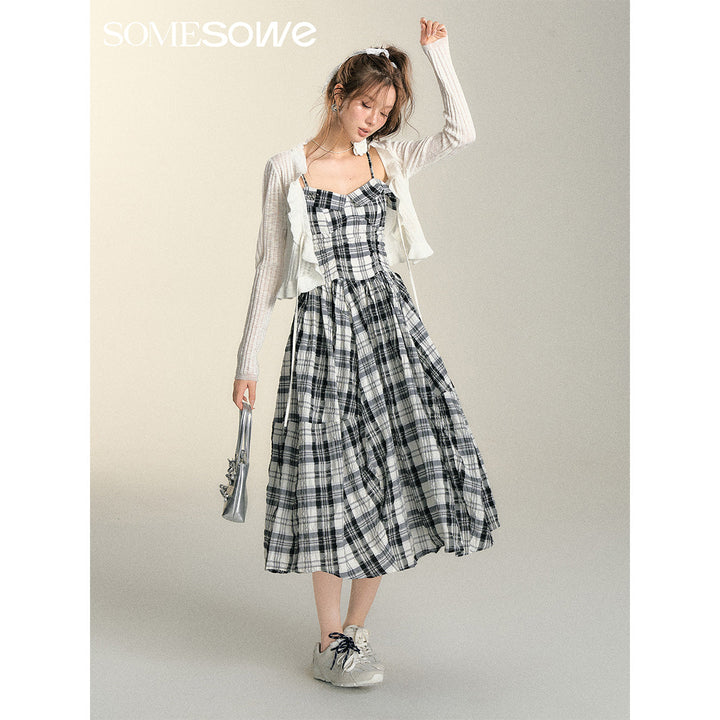 SomeSowe Pleated Checked Long Slip Dress