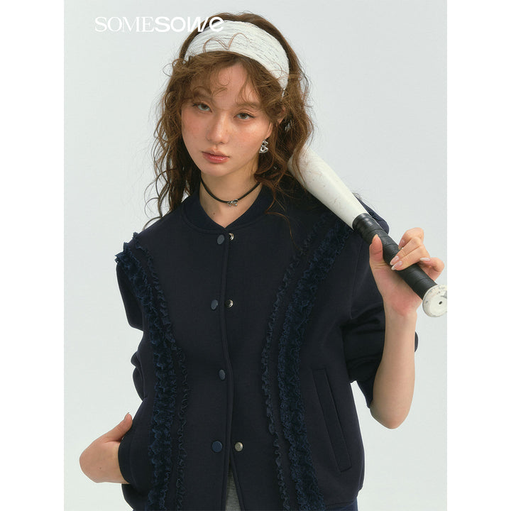 SomeSowe Lace Edge Casual Baseball Jacket Navy Blue