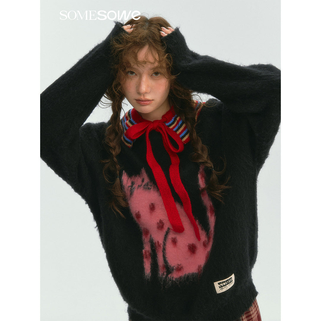 SomeSowe Luck Cat Loose Knit Sweater Black