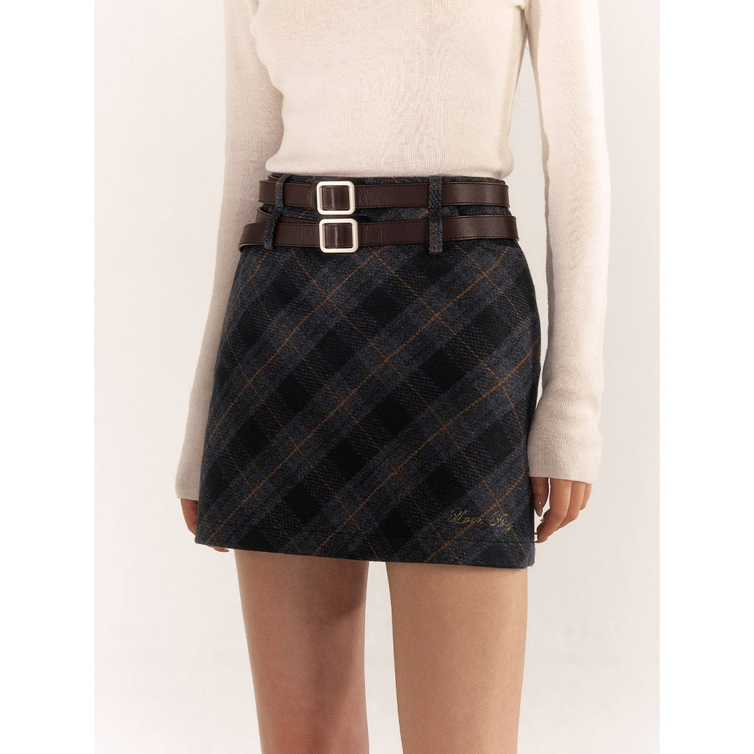 AsGony Double Waist Plaid Skirt Gray