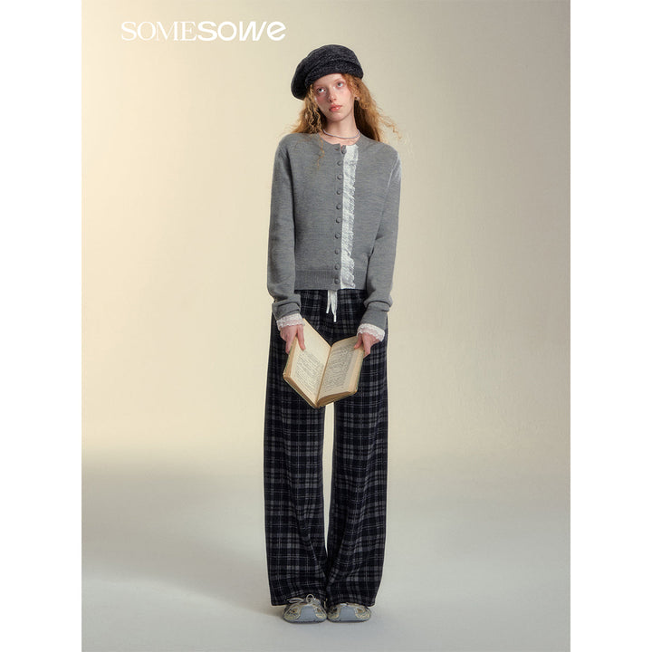 SomeSowe Lace Edge Plaid Casual Pants Black