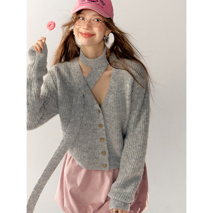 AsGony V-Neck Halter Ribbon Short Knit Cardigan Gray