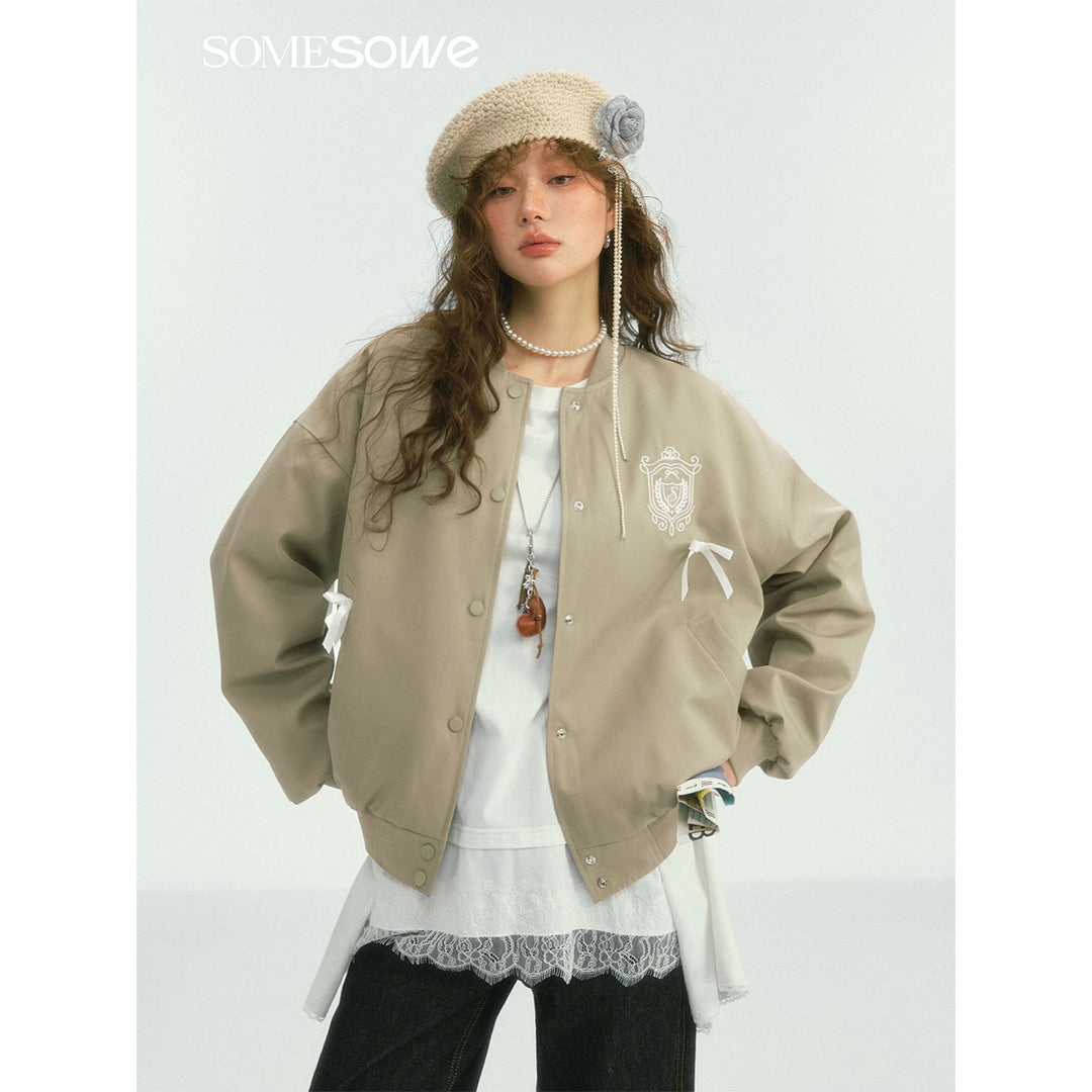 SomeSowe Bow Badge Casual Baseball Jacket Khaki