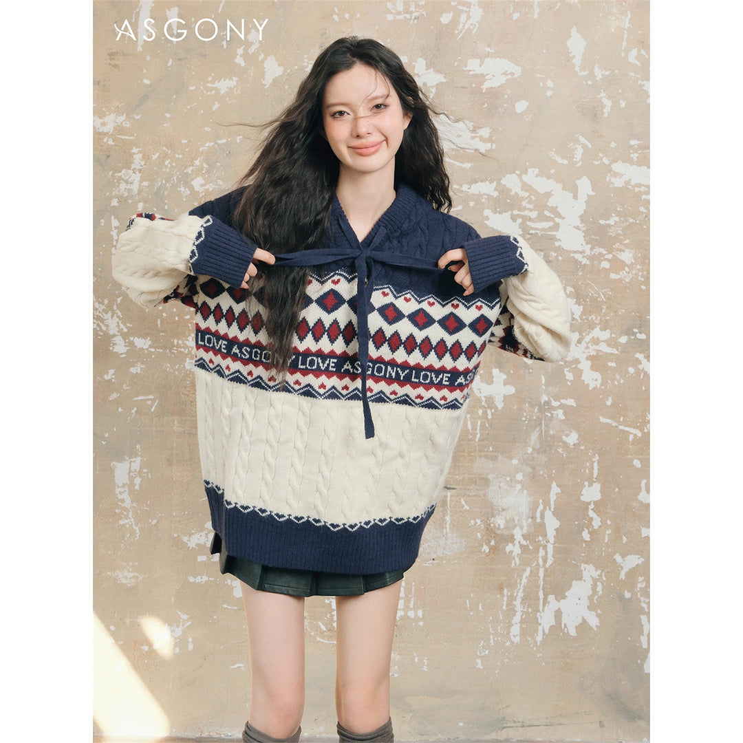 AsGony Fair Isle Oversized Knit Sweater Navy - Mores Studio