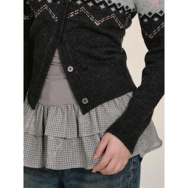 Via Pitti Fair Isle Puppy Shorts Knit Cardigan Dark Gray