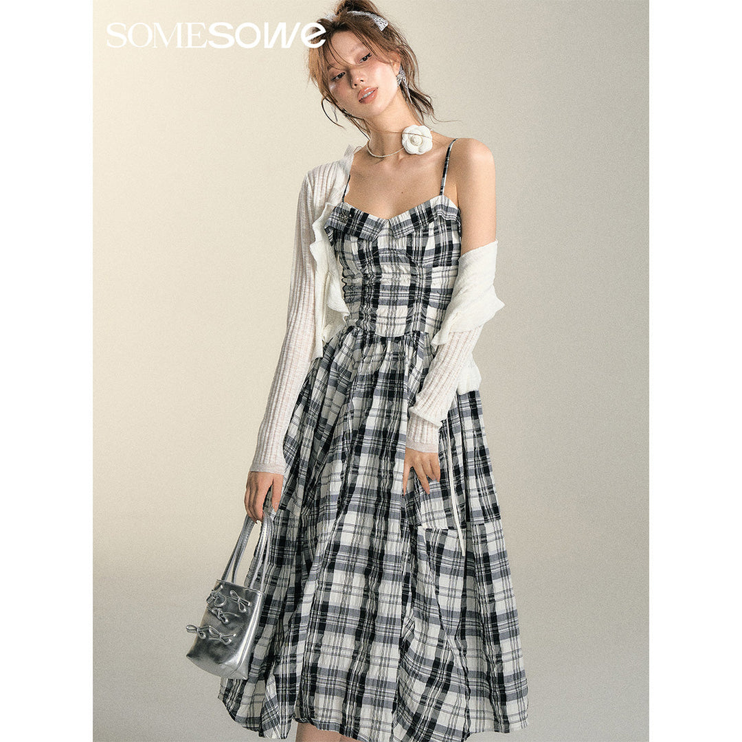 SomeSowe Pleated Checked Long Slip Dress