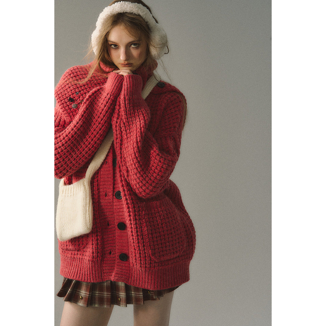 Via Pitti Waffle-Knit Cardigan Red - Mores Studio