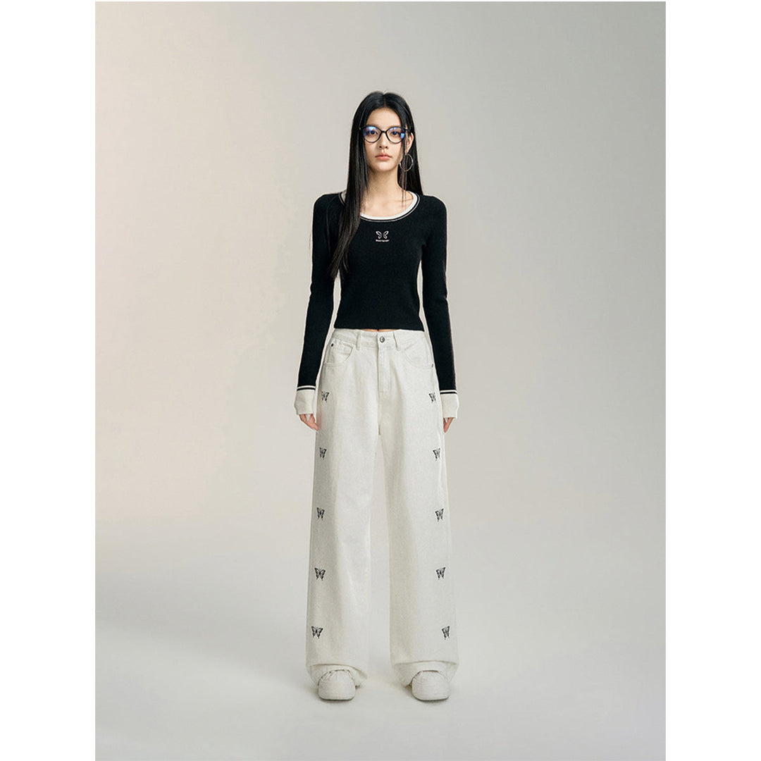 MacyMccoy Butterfly Printed Wide-Leg Denim Pants White