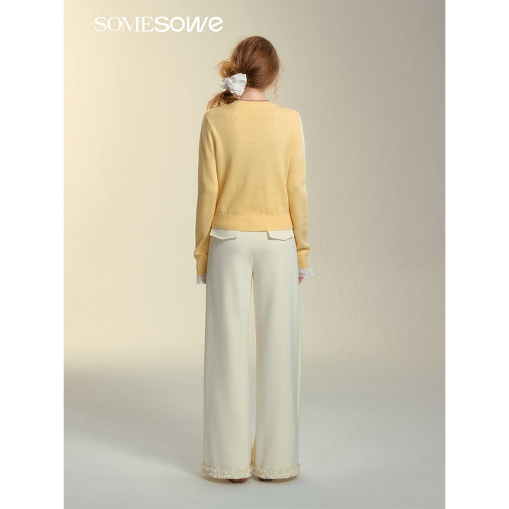 SomeSowe Lace Edge Round-Neck Knit Cardigan Yellow