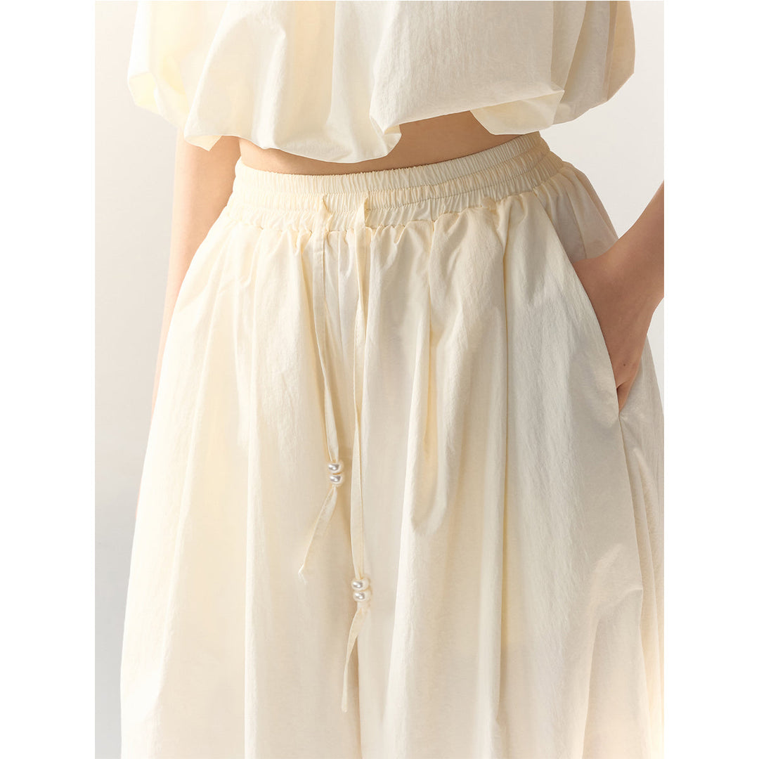 AsGony High Waist Drawstring Wide Leg Pants Beige