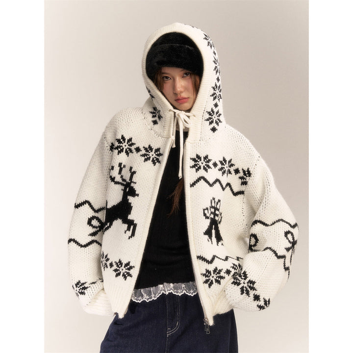 AsGony Fair Isle Moose Jacquard Retro Hooded Knit Cardigan White