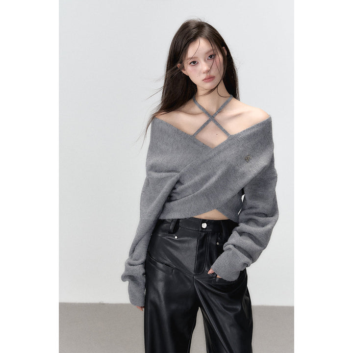 Via Pitti Halter Straps Crossed Knit Top Grey - Mores Studio