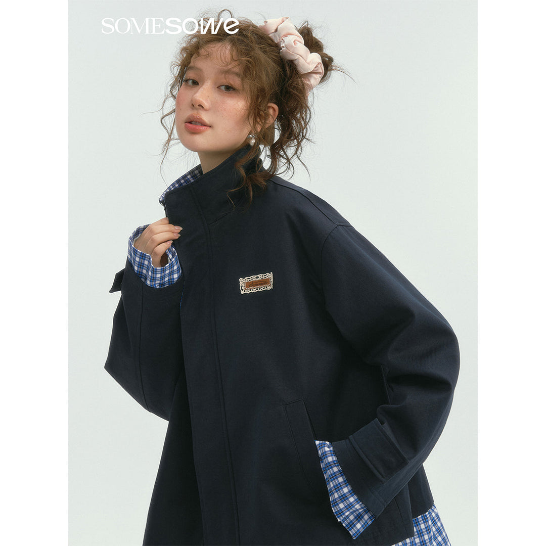 SomeSowe Plaid Patchwork Stand Collar Jacket Navy Blue