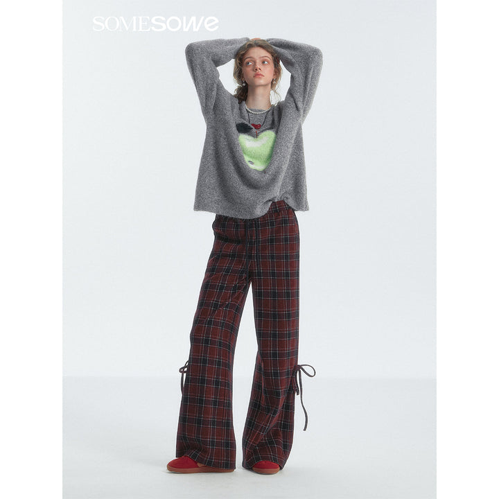 SomeSowe Bow Drawstring Plaid Wide-Leg Pants Red