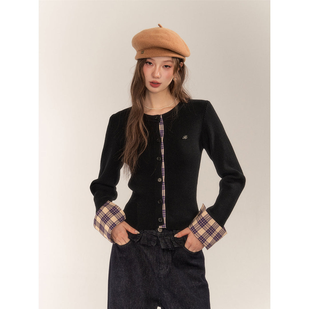 AsGony Retro Plaid Patchwork Slim Knit Cardigan Black