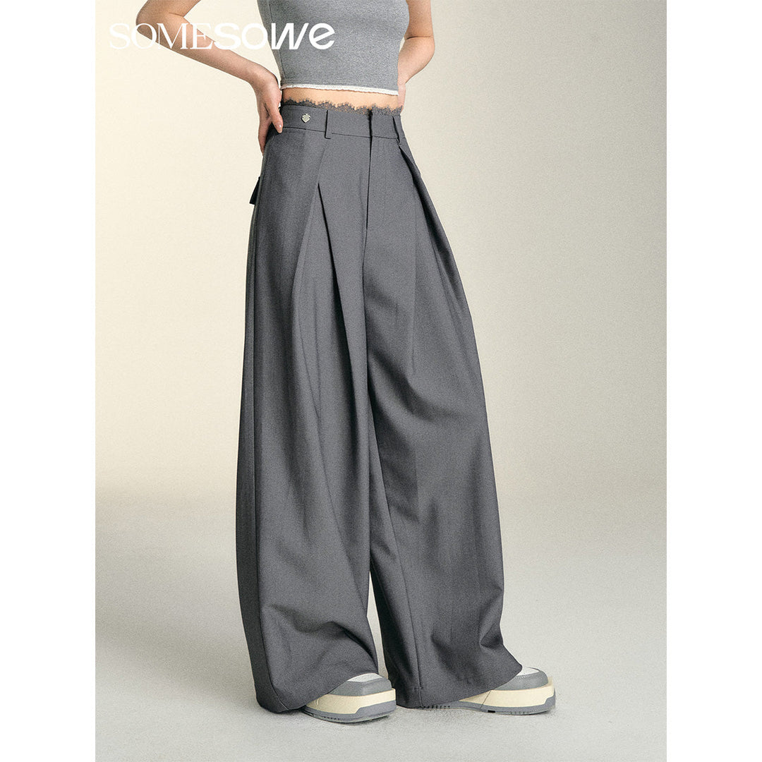 SomeSowe Lace Patchwork Pleated Suit Pants Gray