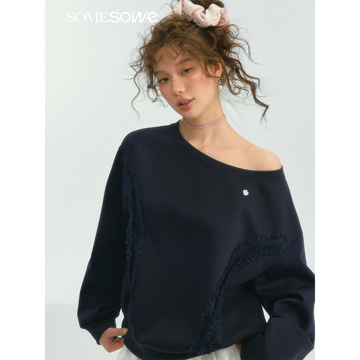 SomeSowe Lace Edge Boat Neck Casual Sweatshirt Navy Blue