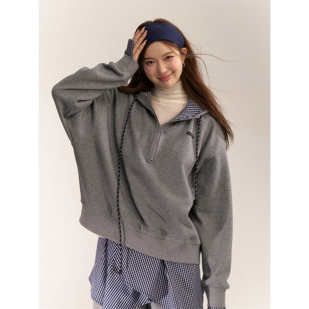 AsGony Fake-2-Piece Plaid Patchwork Casual Hoodie Gray