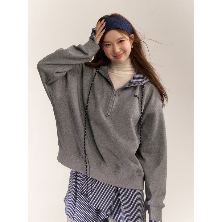 AsGony Fake-2-Piece Plaid Patchwork Casual Hoodie Gray