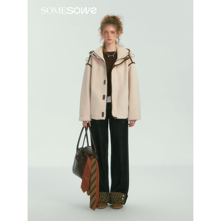 SomeSowe Contrast Color Edge Fleece Hooded Jacket Beige