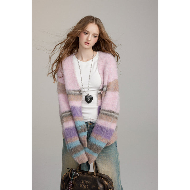 Via Pitti Pulled Fur Colored Striped Knit Cardigan Pink