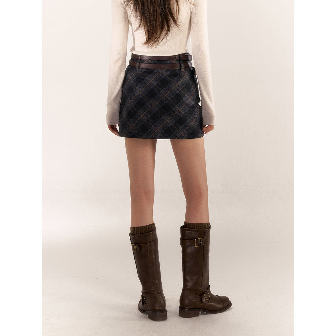 AsGony Double Waist Plaid Skirt Gray