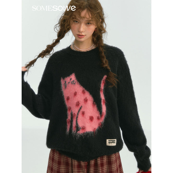 SomeSowe Luck Cat Loose Knit Sweater Black