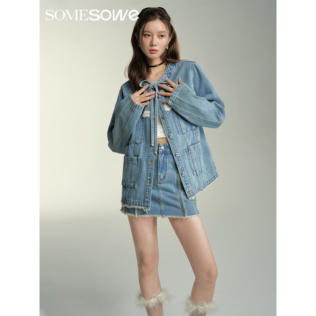 SomeSowe Lace Patchwork Denim Jacket Blue