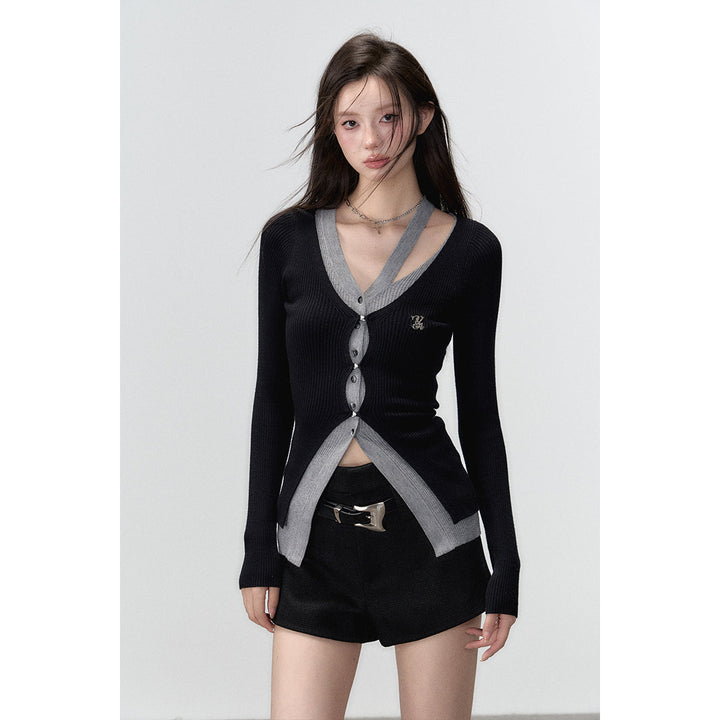 Via Pitti Color Blocked Fake-2-Piece Hollow Out Knit Cardigan Black - Mores Studio