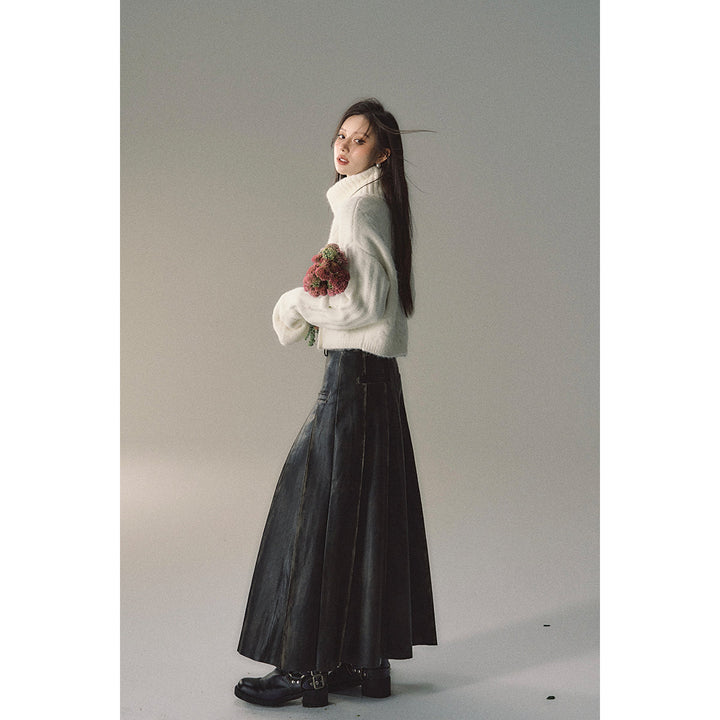 Via Pitti Brush-Off Leather Pleated Long Skirt - Mores Studio