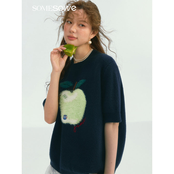 SomeSowe Green Apple Short Sleeve Knit Sweater Navy Blue