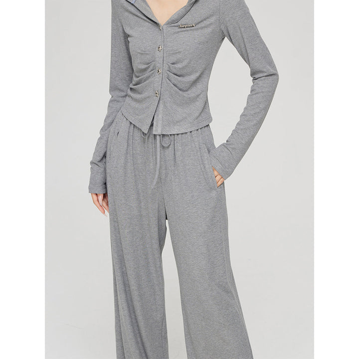 MacyMccoy Pleated Draped Knit Short Top And Wide-Leg Pants Set Gray