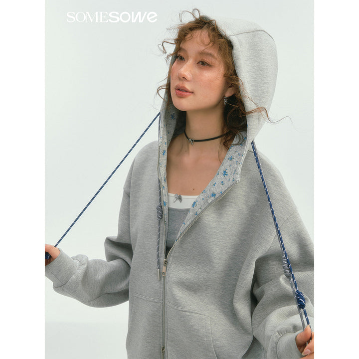 SomeSowe Contrast Color Drawstring Zip Up Hoodie Light Gray