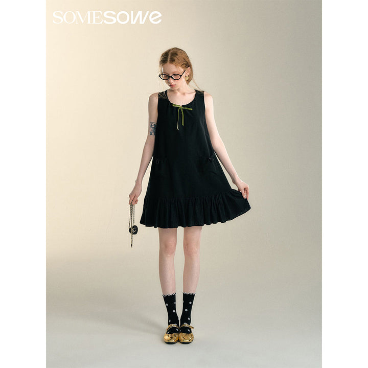 SomeSowe Bow Drawstring Cargo Vest Dress Black