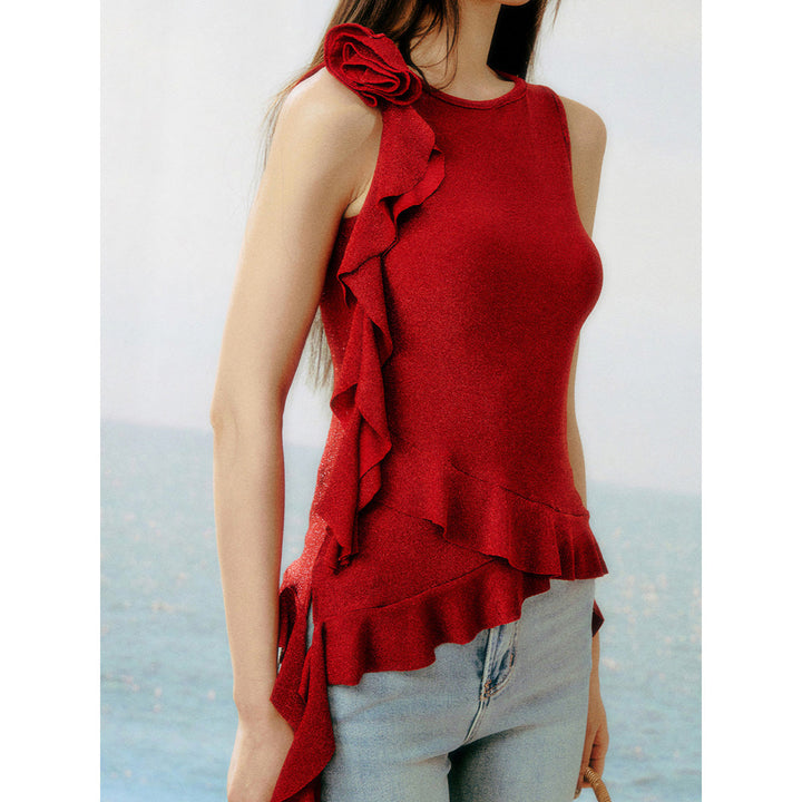 AsGony Flower Ribbon Irregular Ruffled Vest Red