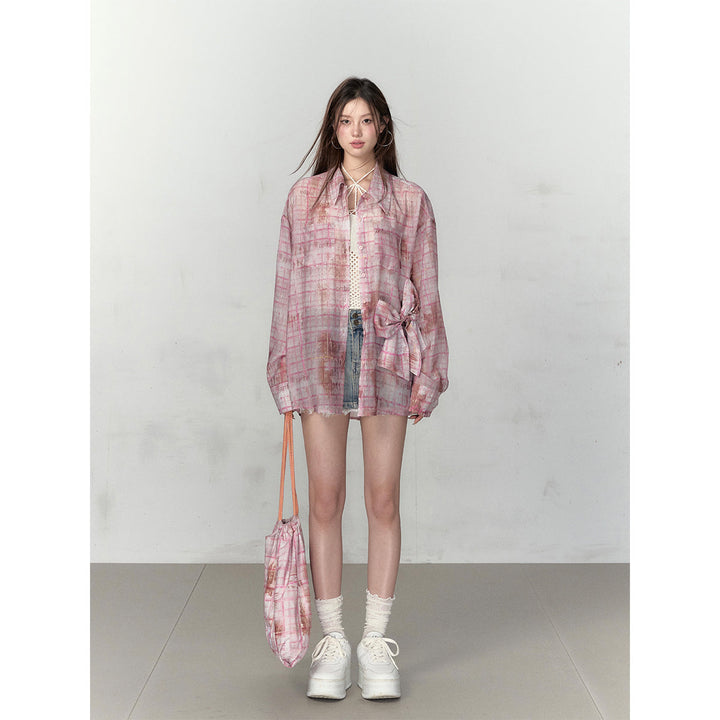 Via Pitti Plaid Bow Loose Shirt Pink