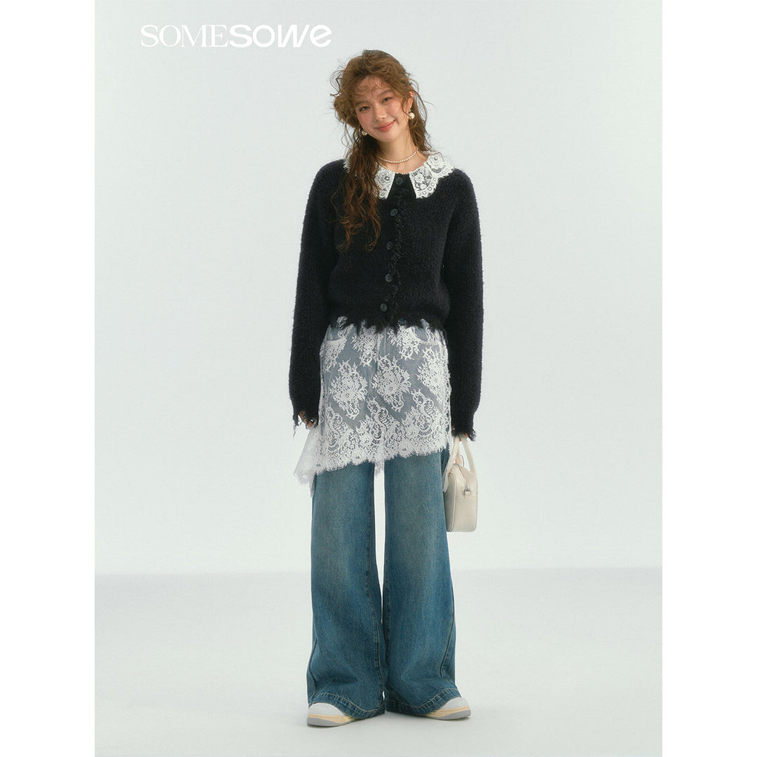 SomeSowe Lace Patchwork Wide-Leg Denim Pants