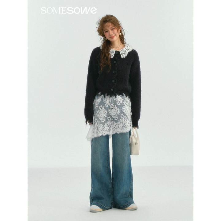 SomeSowe Lace Patchwork Wide-Leg Denim Pants