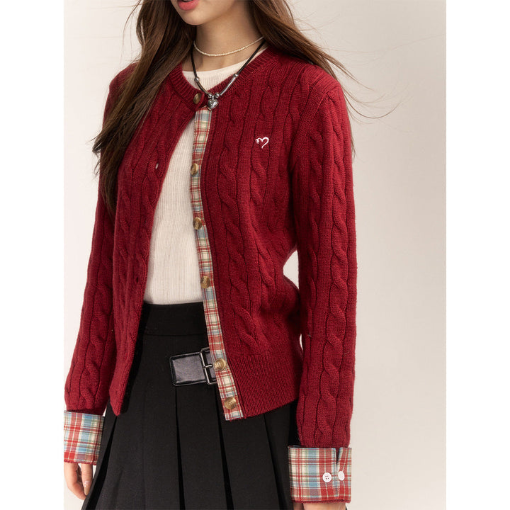 AsGony Blended Woolen Plaid Patchwork Knit Cardigan Red