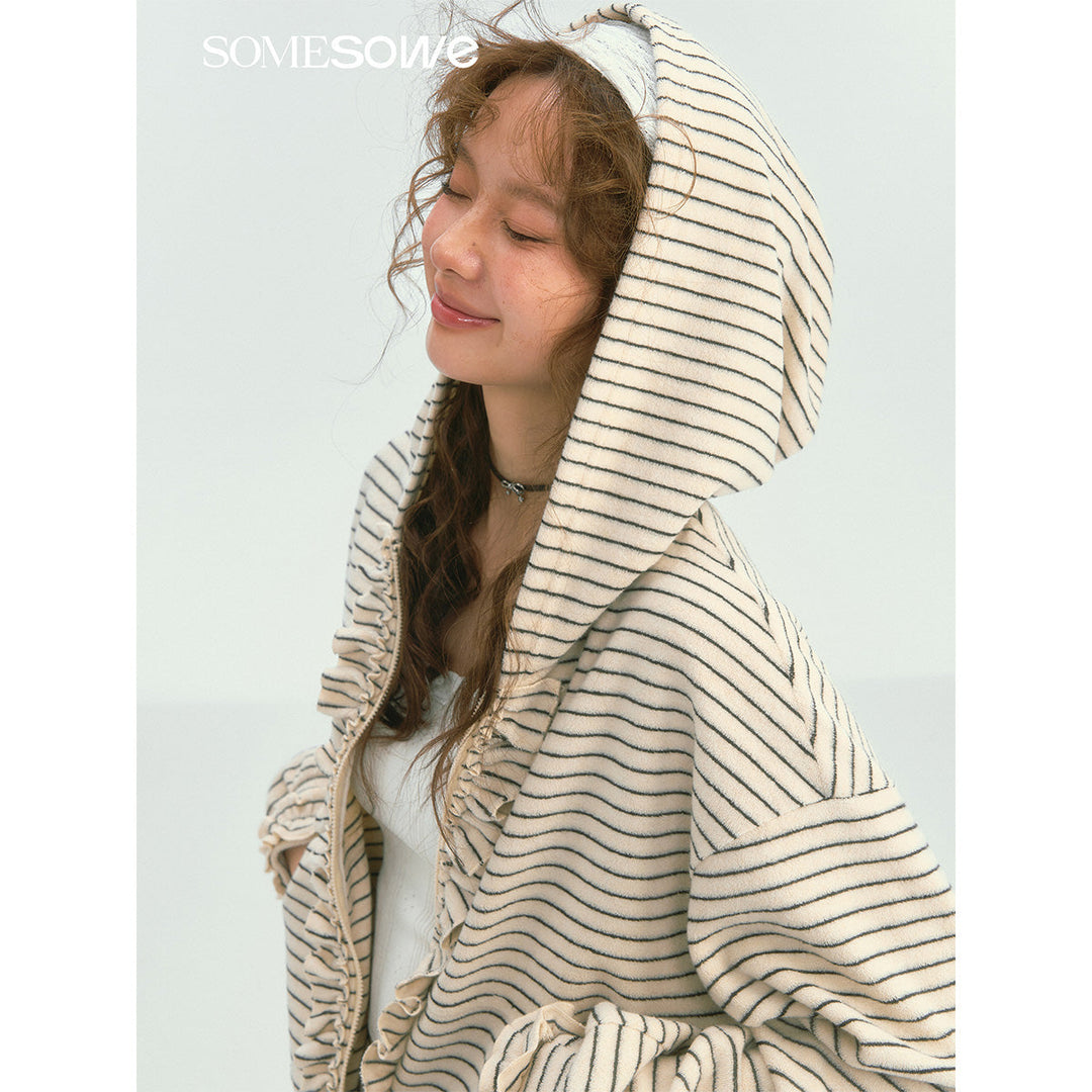 SomeSowe Soft Striped Ruffled Zip Up Hoodie White